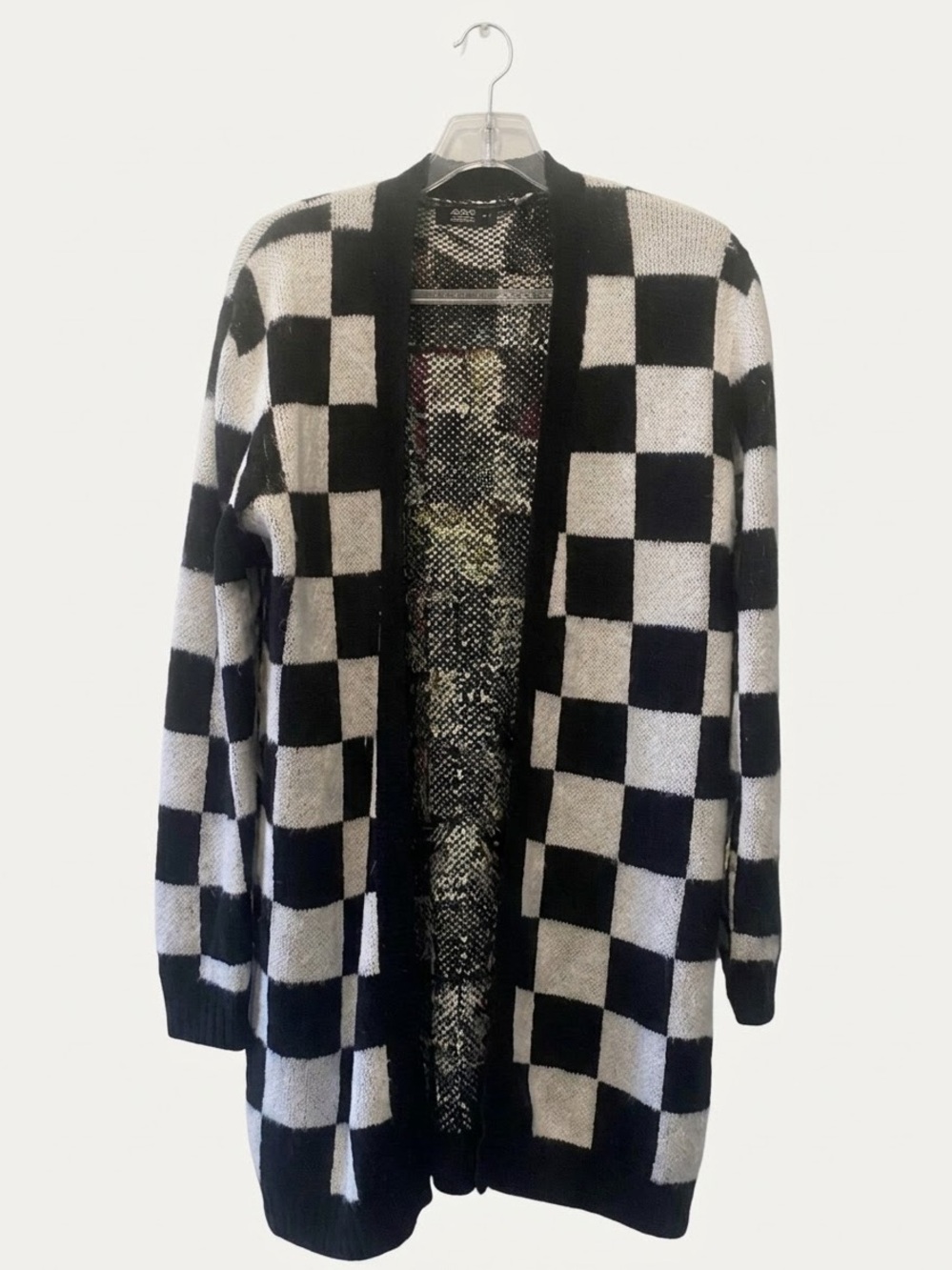 Black and White Checker Pattern Oversized  Open-Front Cardigan